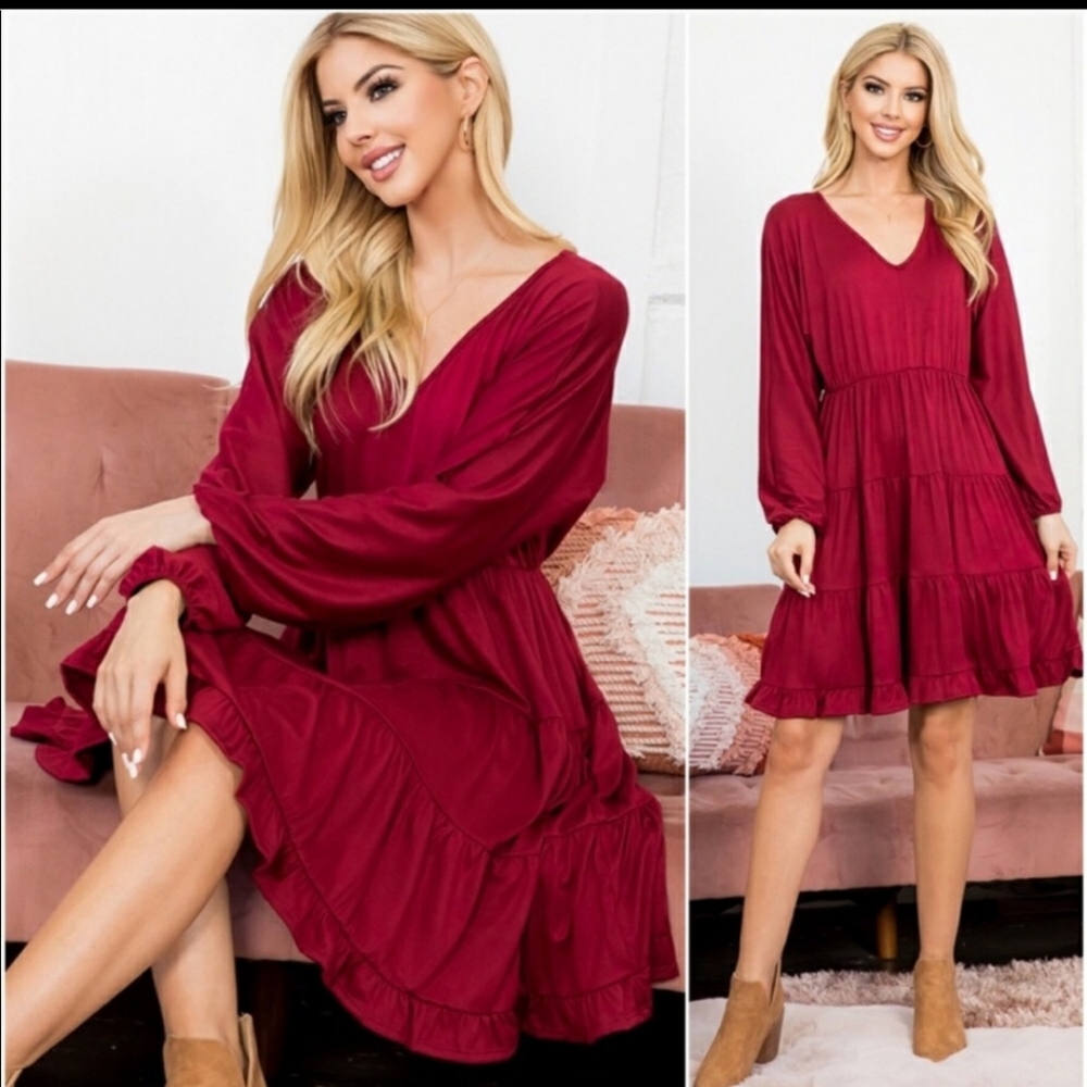 Wine Colored V-neck Buttery Soft Ruffled  Dress